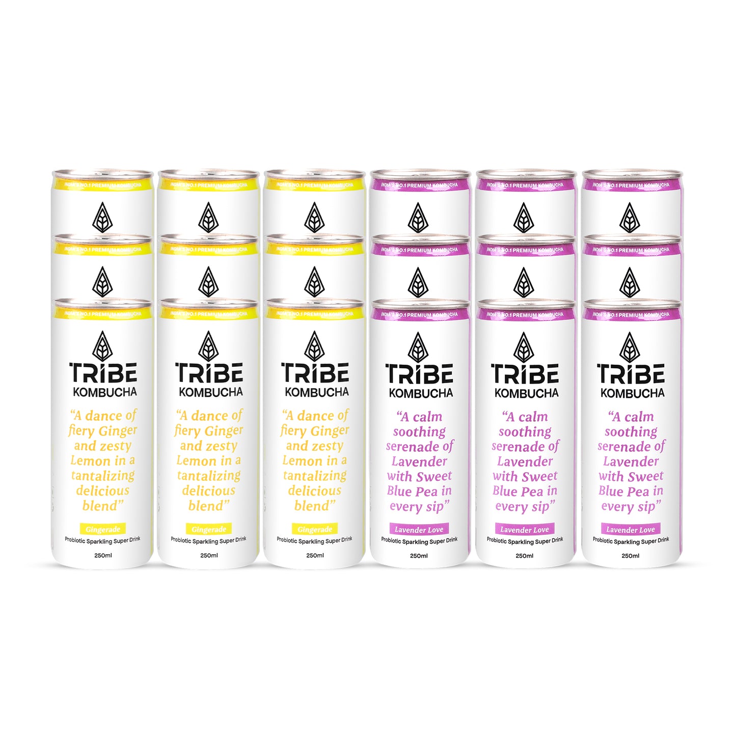 Tribe Kombucha Probiotic Super Drink | Supports Gut Health | Gluten-Free | Naturally Fermented | Super Refreshing | | Gluten free | Antioxidant and Hydration | Gingerade and Lavender| ack of 24 |250 ML